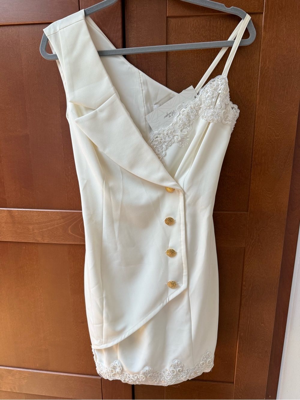 One-Shoulder Cream Lace-Trim Dress with Gold Button Detail
